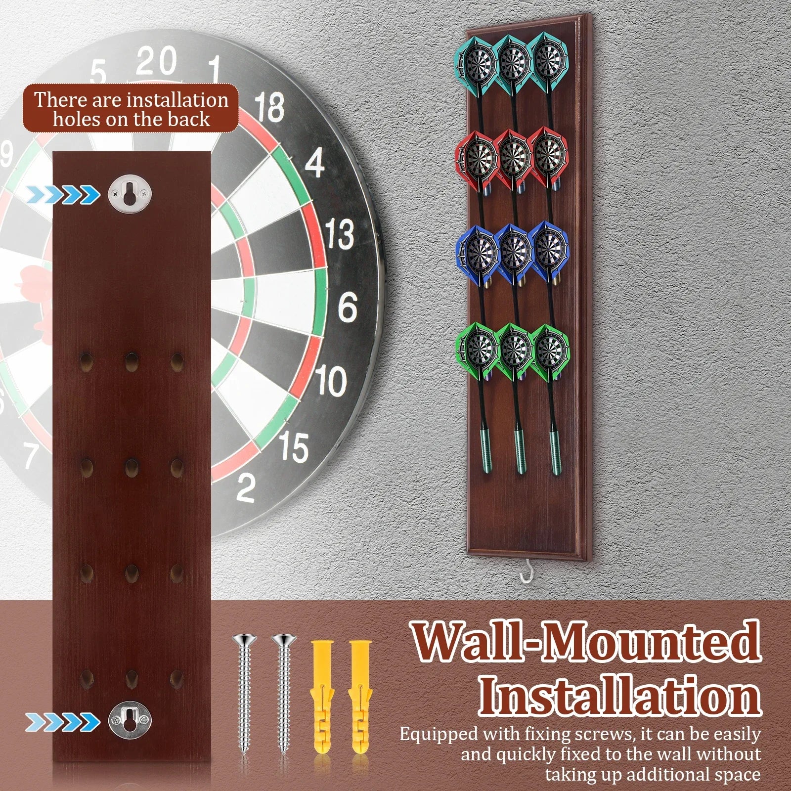Wall Mounted Darts Stand Wooden Darts Holder Set with Metal Hook 12 Slot Large Capacity Dart Storage Stand Display Rack for Play